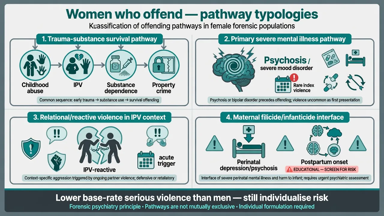 Four-panel educational typology of women who offend: trauma-substance pathway, primary SMI pathway, relational IPV-context violence, and maternal filicide interface