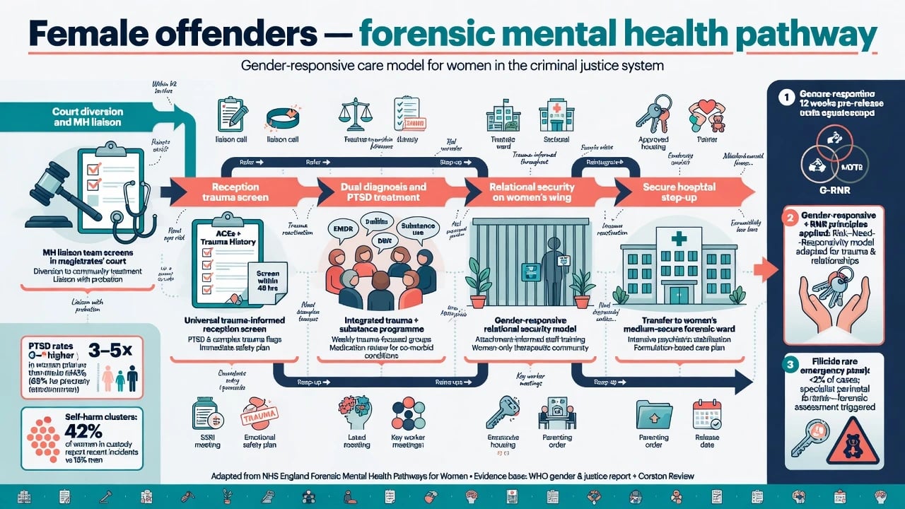 Five-step educational pathway for women through community diversion, prison reception, trauma-informed dual diagnosis care, secure hospital when needed, and release throughcare