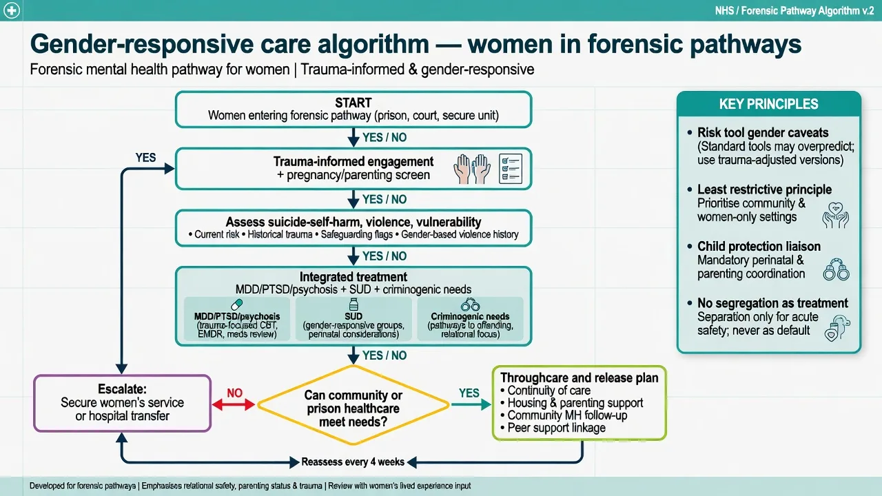 Clinical algorithm for gender-responsive care of women in forensic pathways from trauma-informed engagement through integrated treatment to secure escalation or release throughcare
