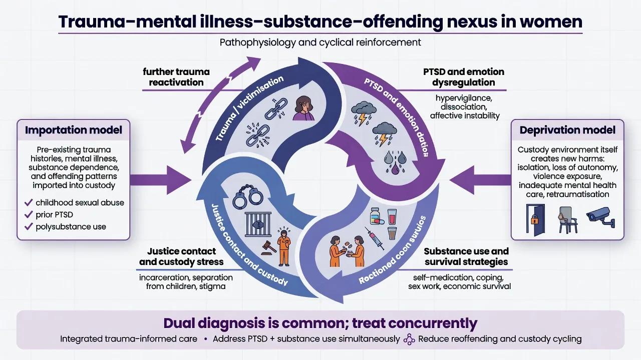 Cycle diagram linking trauma and victimisation to PTSD and emotion dysregulation, substance use, justice contact, and custody stress