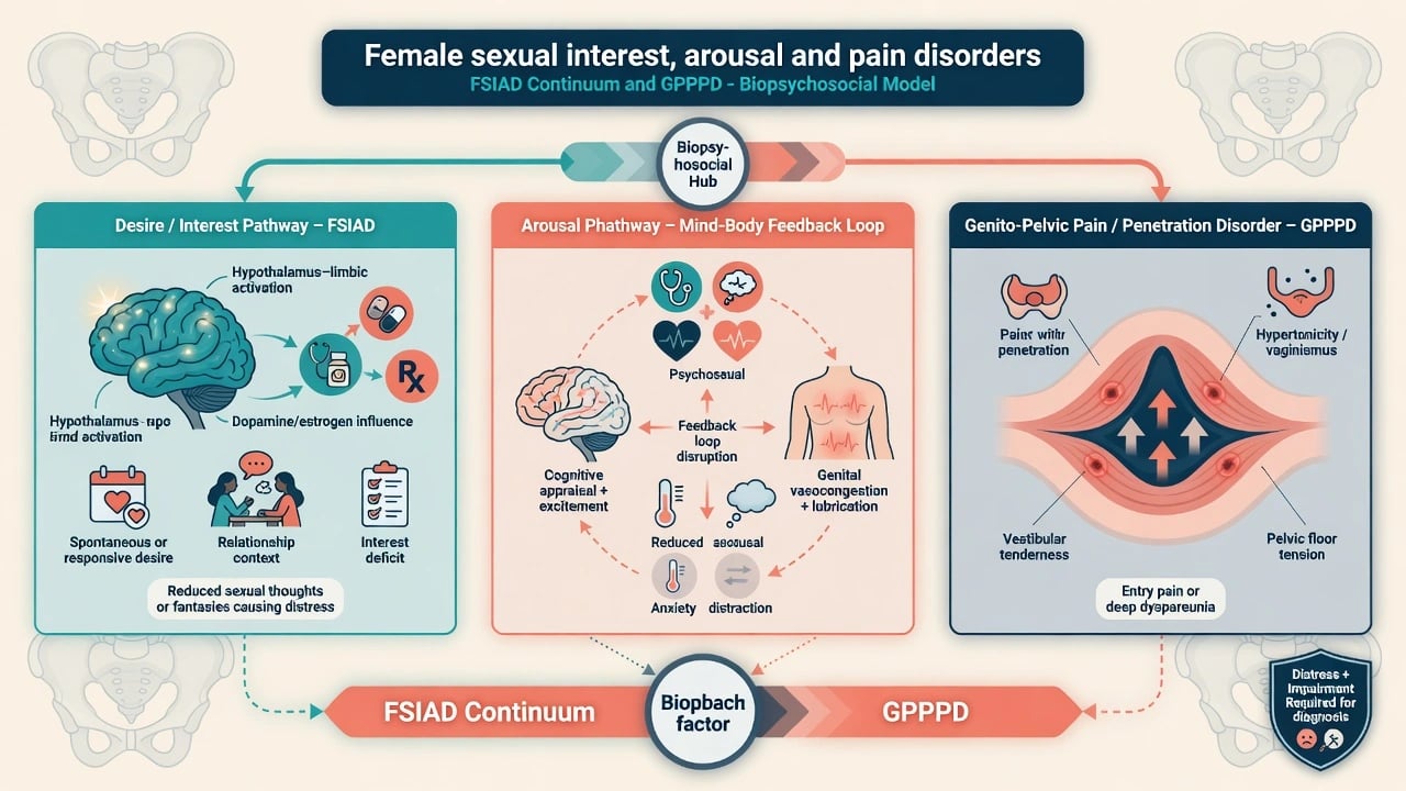 Overview of female sexual interest, arousal and genito-pelvic pain disorders with biopsychosocial hub