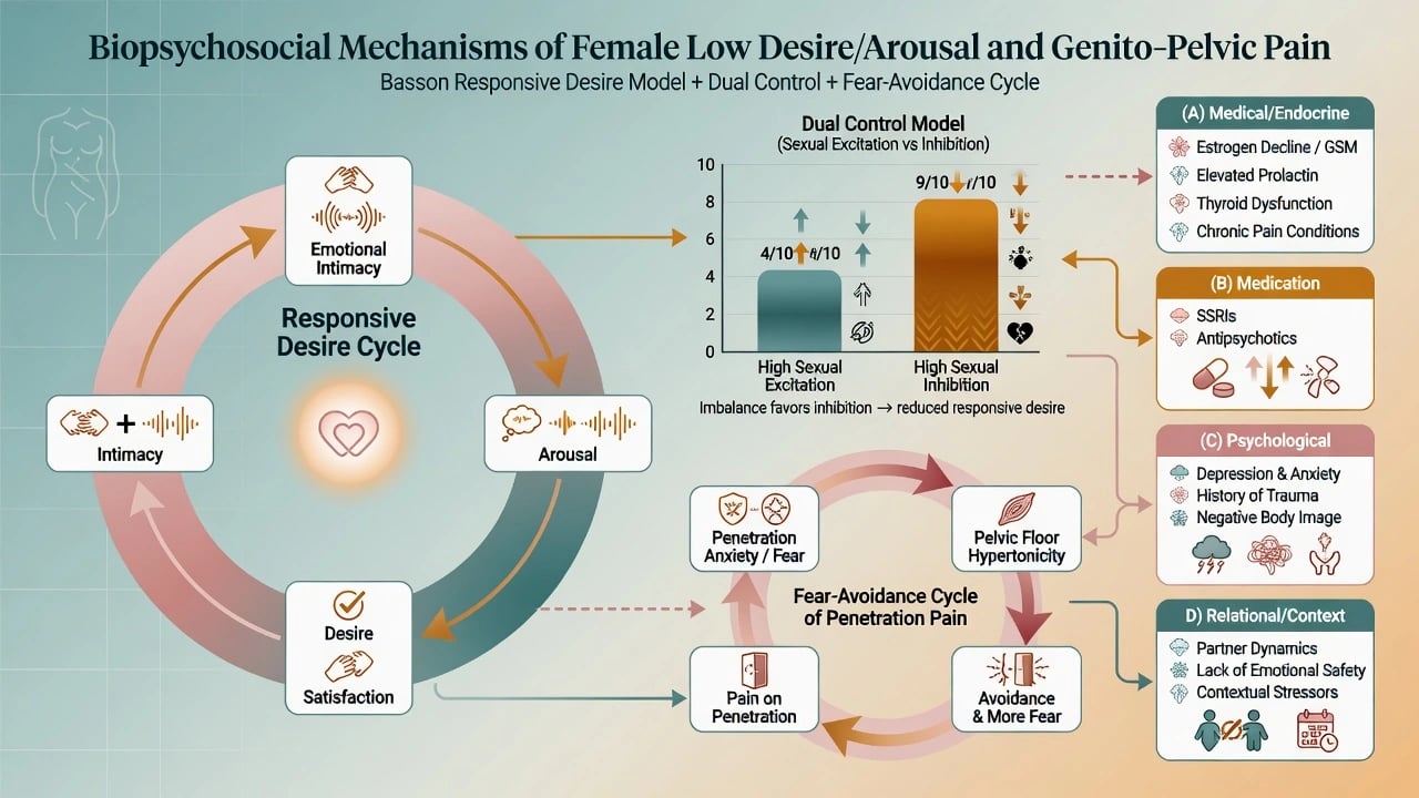 Stepped care algorithm for FSIAD and GPPPD from assessment through psychosexual therapy and targeted pharmacologic or pain pathways