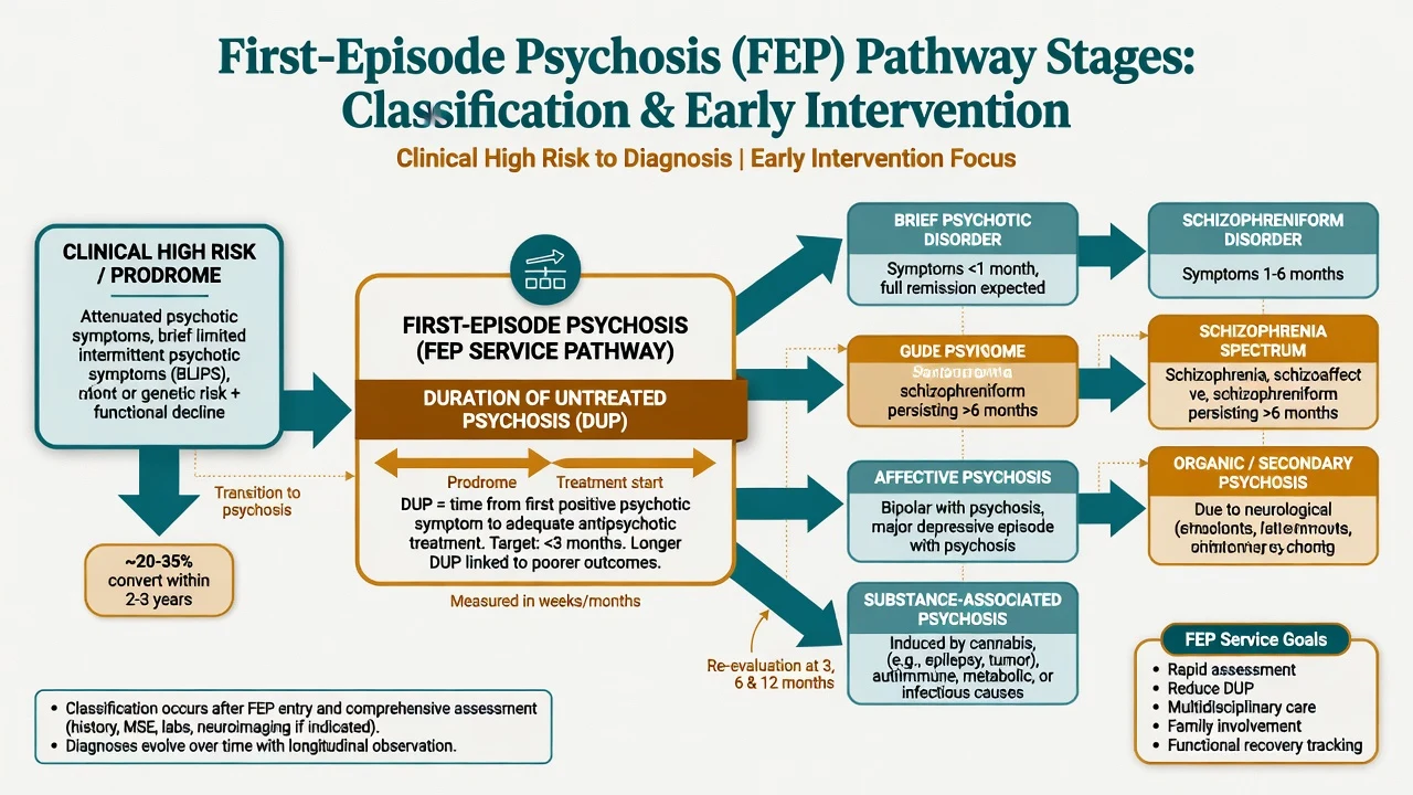 FEP pathway stages from clinical high risk through evolving diagnoses with DUP callout