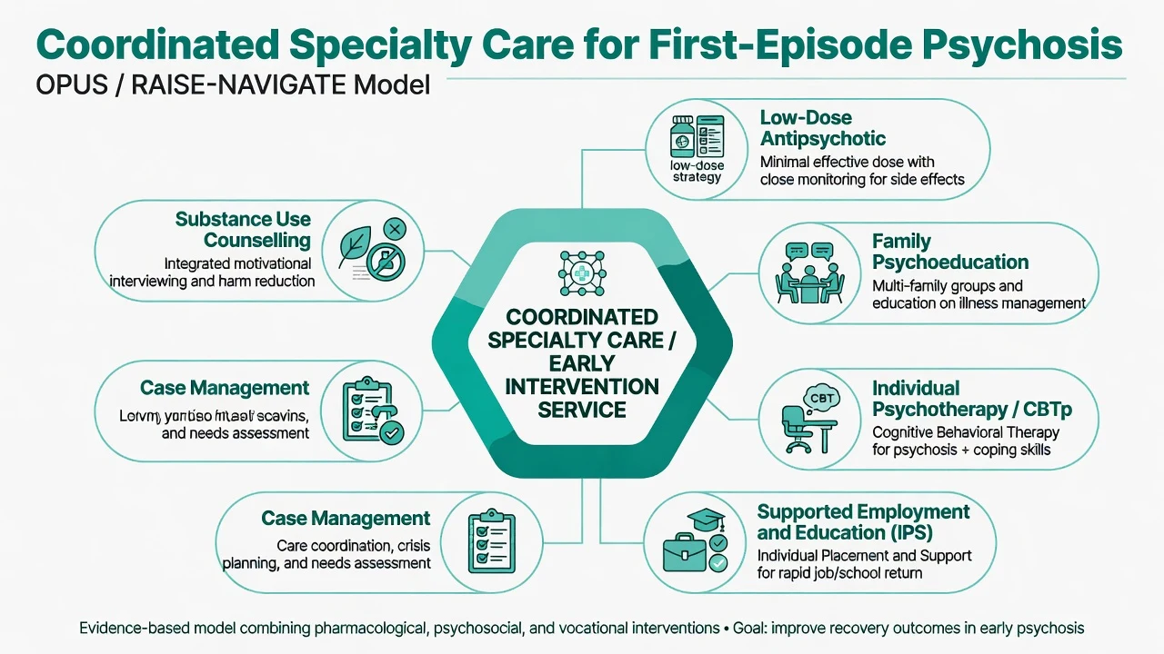 Coordinated specialty care hub for FEP with OPUS and RAISE modules