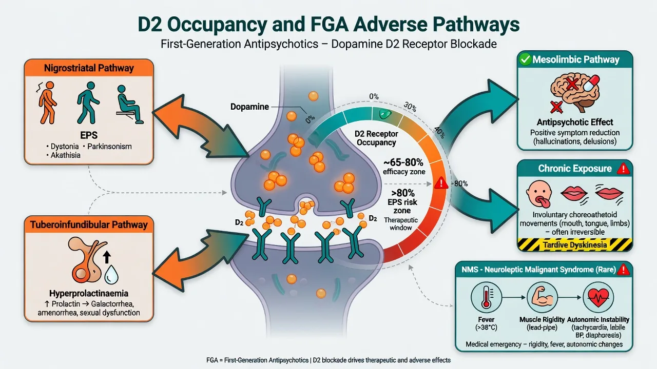 Classification grid of FGA chemical families and high versus low potency adverse-effect trade-offs with oral IM depot icons