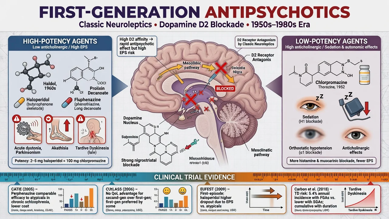 Educational hero figure of first-generation antipsychotics showing D2 pathway block, high vs low potency trade-offs, and landmark trial cards