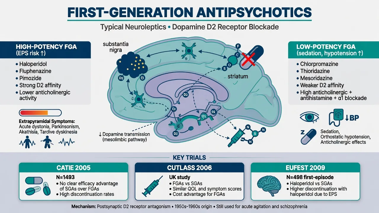 Flowchart for FGA pre-start checks, monitoring, acute dystonia, akathisia, parkinsonism, NMS and TD pathways