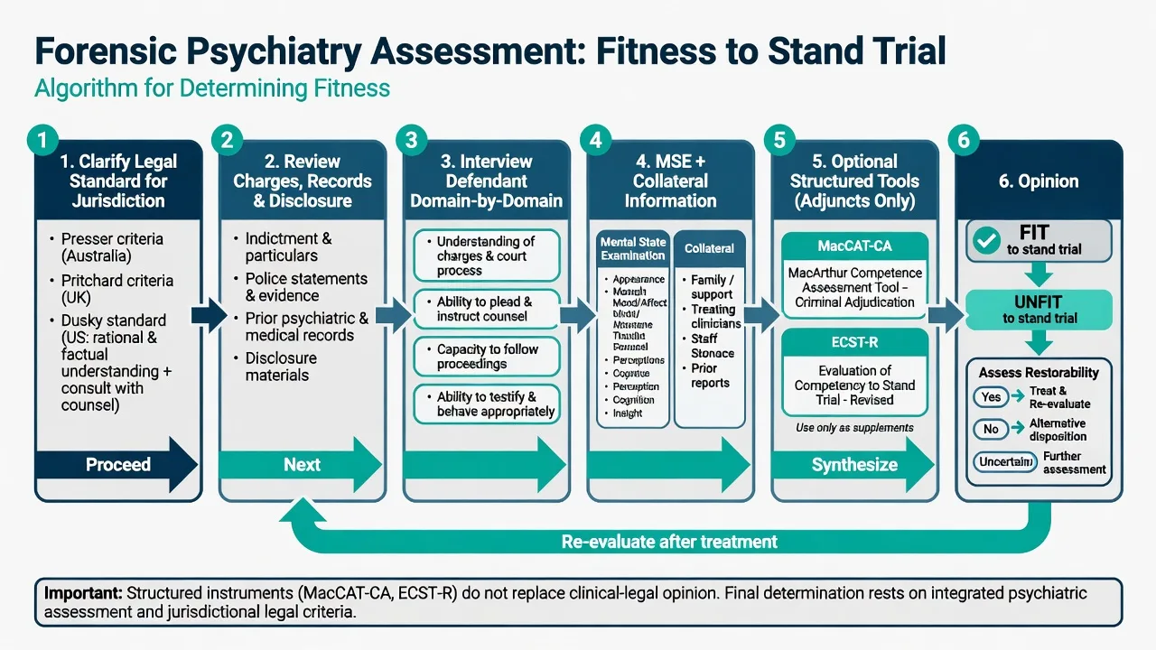 Flowchart of fitness assessment from legal standard through interview tools to fit or unfit and restorability