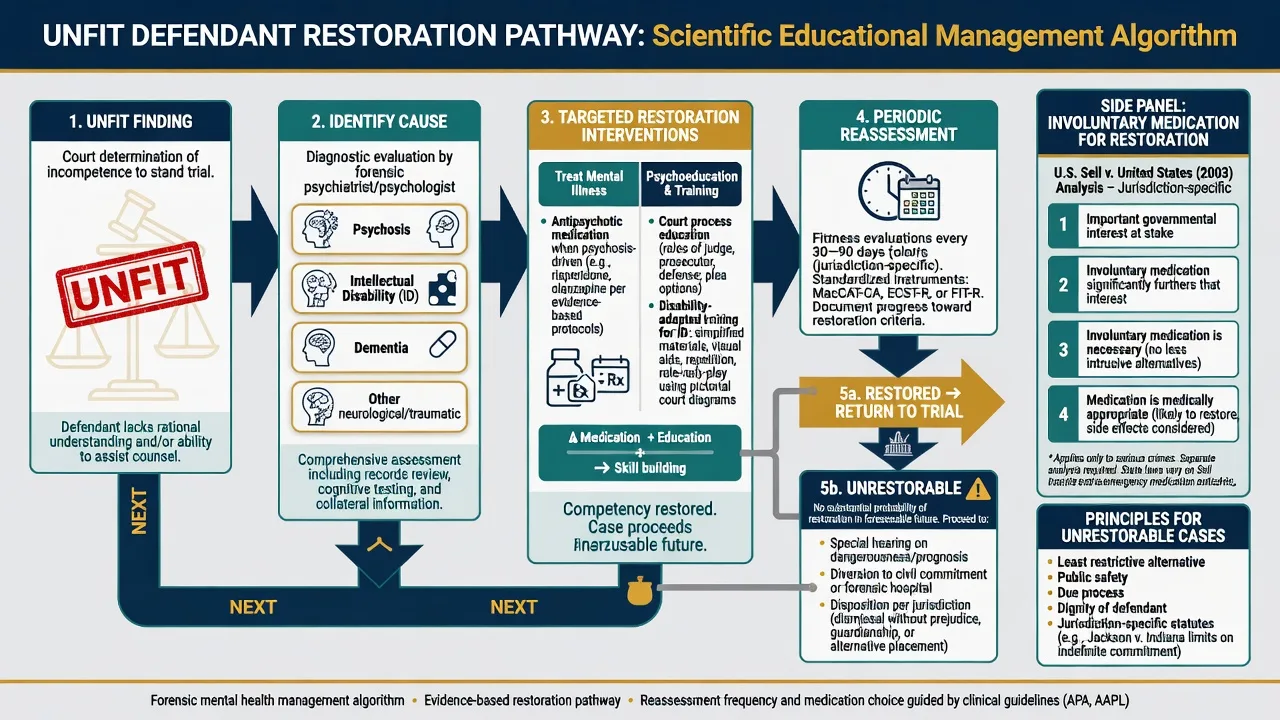 Restoration pathway algorithm from unfit finding through treatment and reassessment to trial or alternative disposal