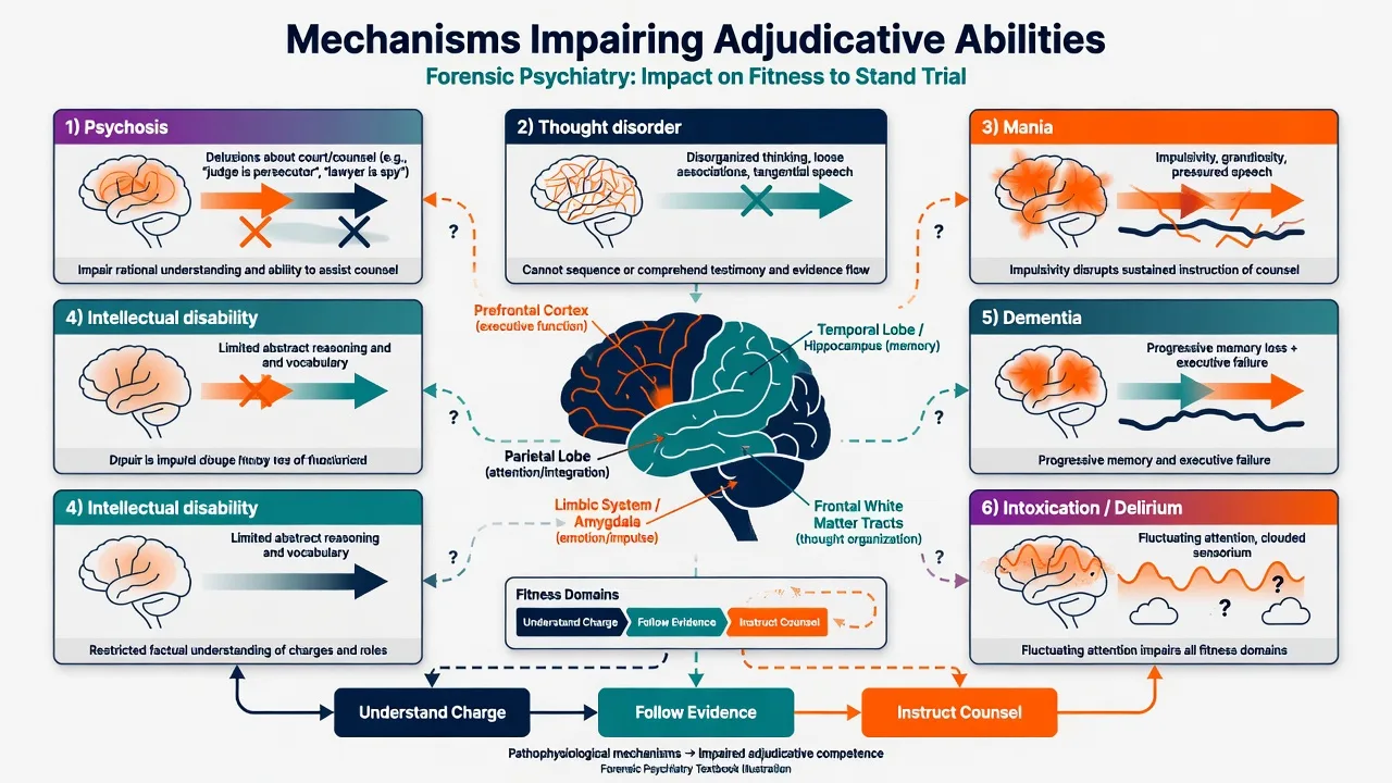 Diagram mapping psychosis, thought disorder, mania, intellectual disability, dementia, and delirium onto fitness domains