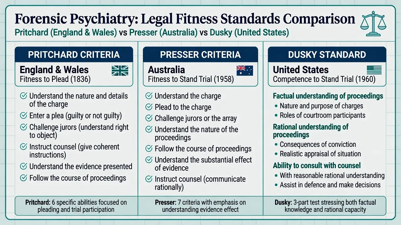 Three-column comparison of Pritchard, Presser, and Dusky fitness standards