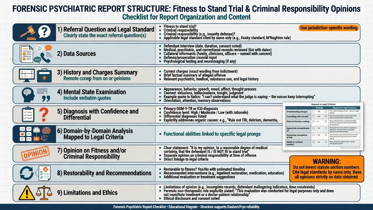 Checklist of forensic report sections for fitness and criminal responsibility opinions
