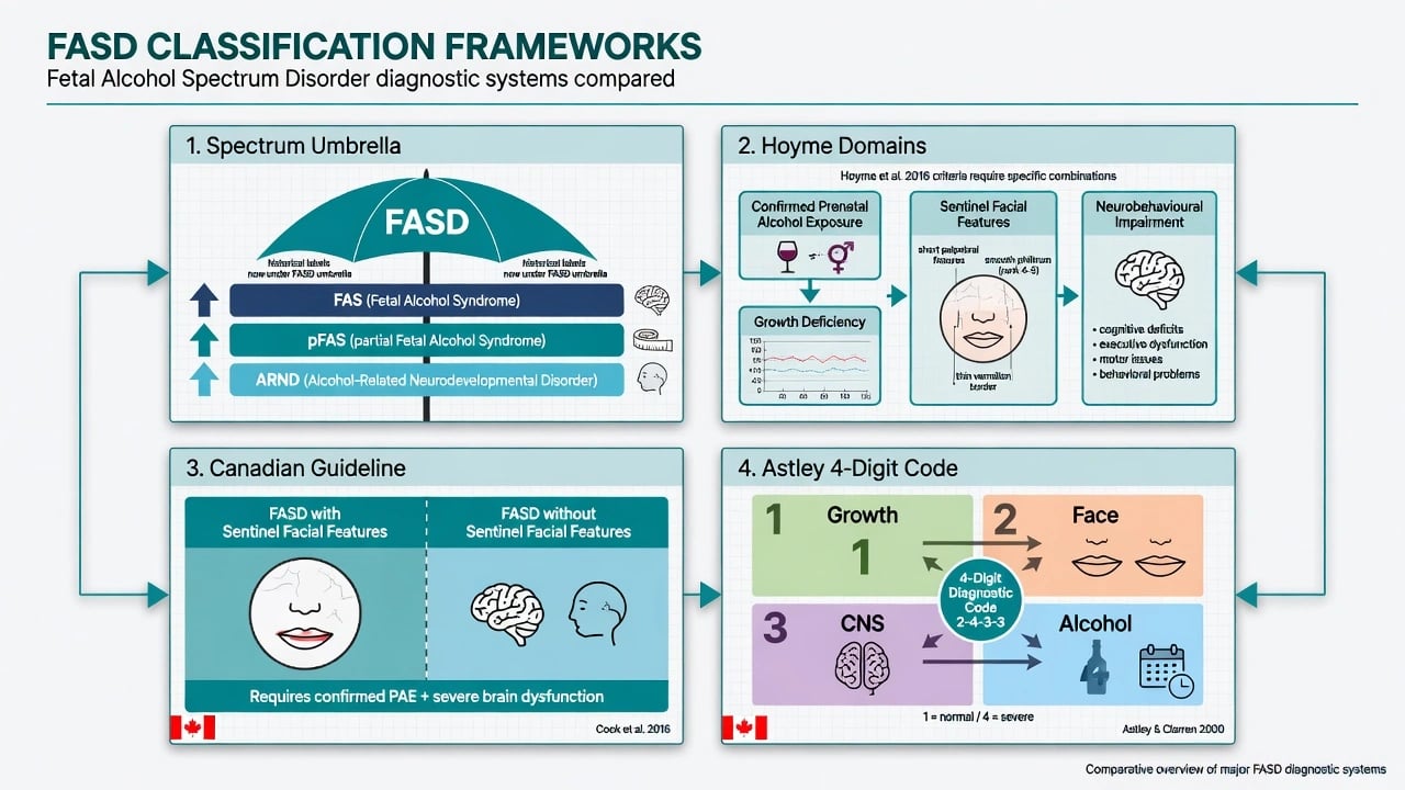 FASD classification frameworks comparing spectrum umbrella, Hoyme domains, Canadian with/without sentinel facial features, and Astley 4-digit code