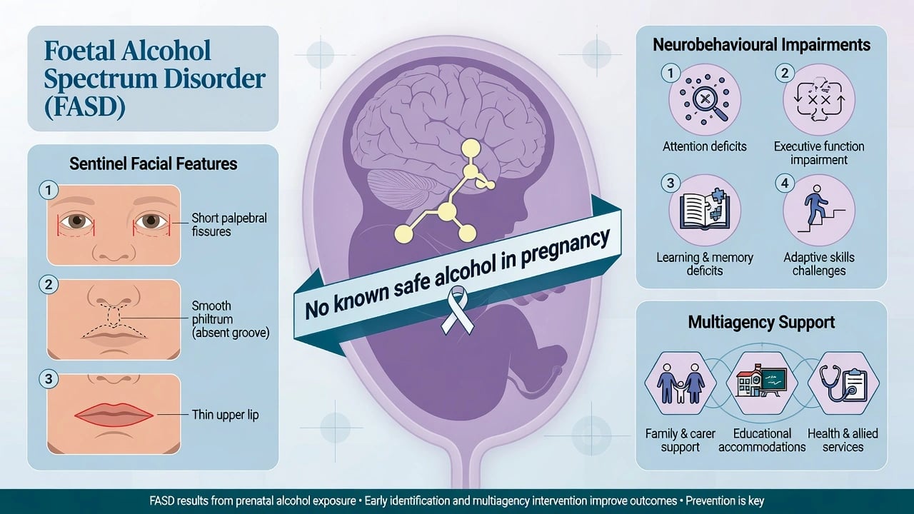 FASD overview showing sentinel facial features, prenatal alcohol brain vulnerability banner, and neurobehavioural domains of attention, executive function, learning and adaptive skills