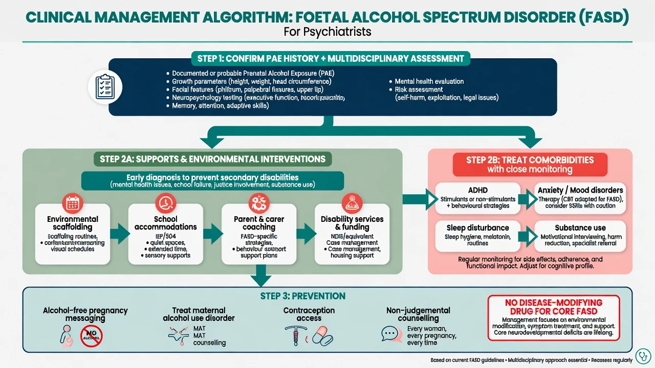 Clinical management algorithm for FASD covering assessment, environmental supports, comorbidity treatment and prevention