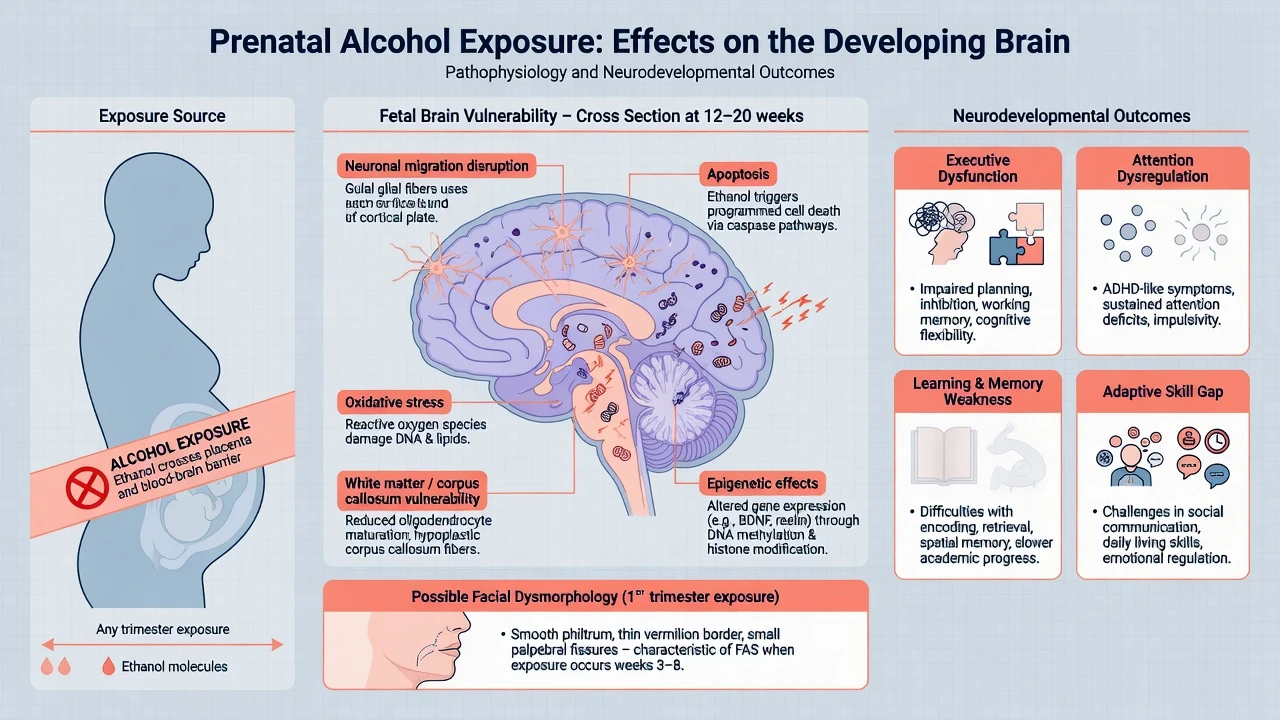 Pathophysiology of prenatal alcohol exposure showing neuronal migration disruption, apoptosis, oxidative stress, white-matter vulnerability and neurodevelopmental outcomes