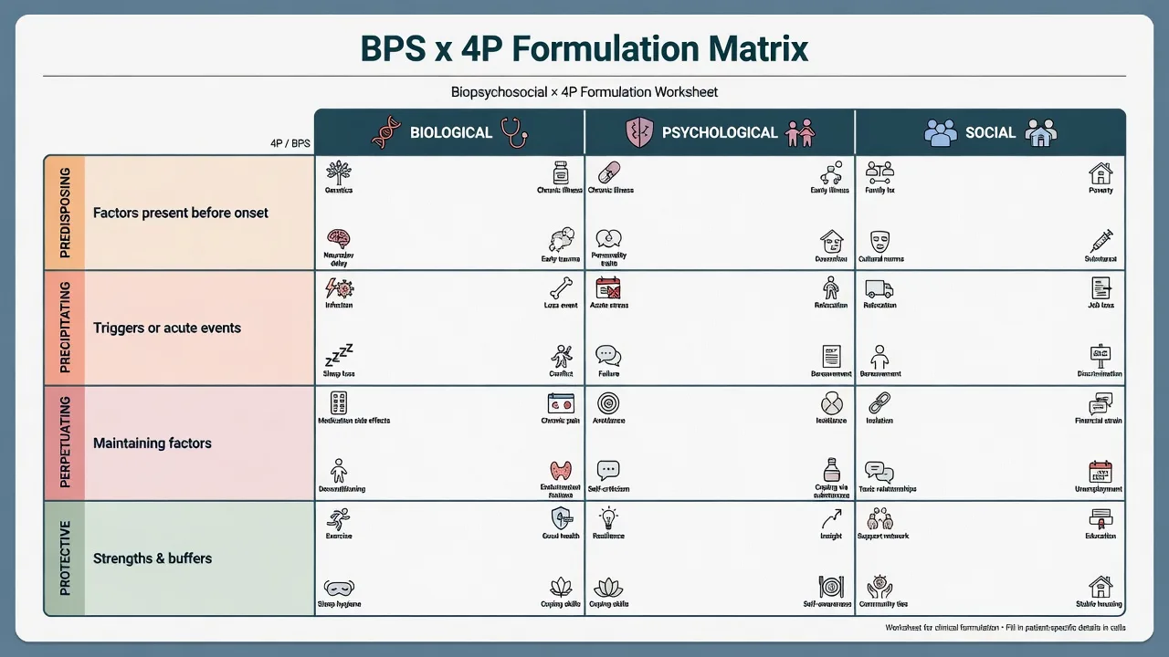 Grid matrix of biopsychosocial columns by four P rows