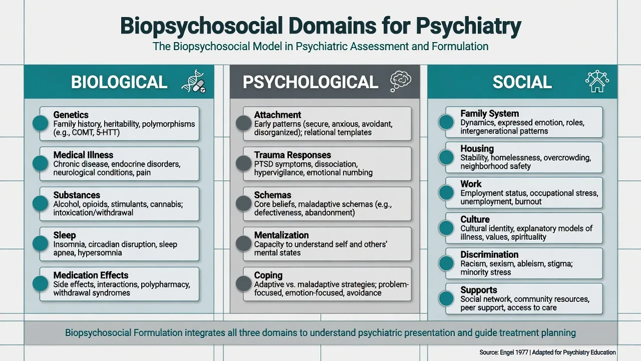 Three-column biopsychosocial domains diagram for psychiatric formulation