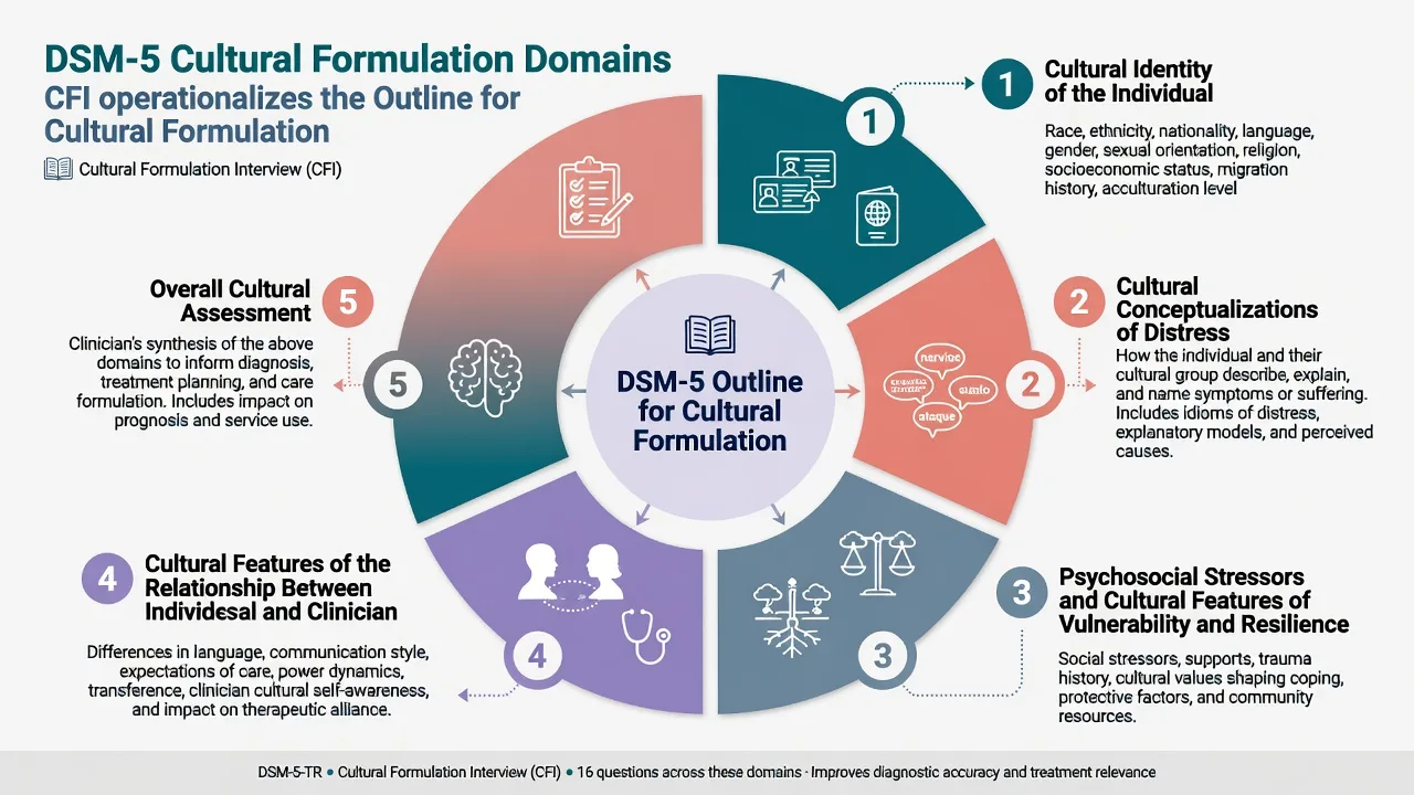 Map of cultural formulation domains including identity distress stressors and clinician relationship