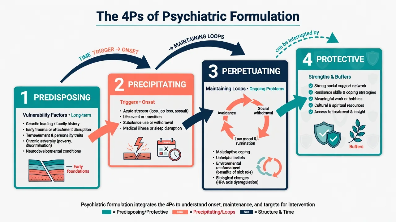 Four panels showing predisposing precipitating perpetuating and protective factors