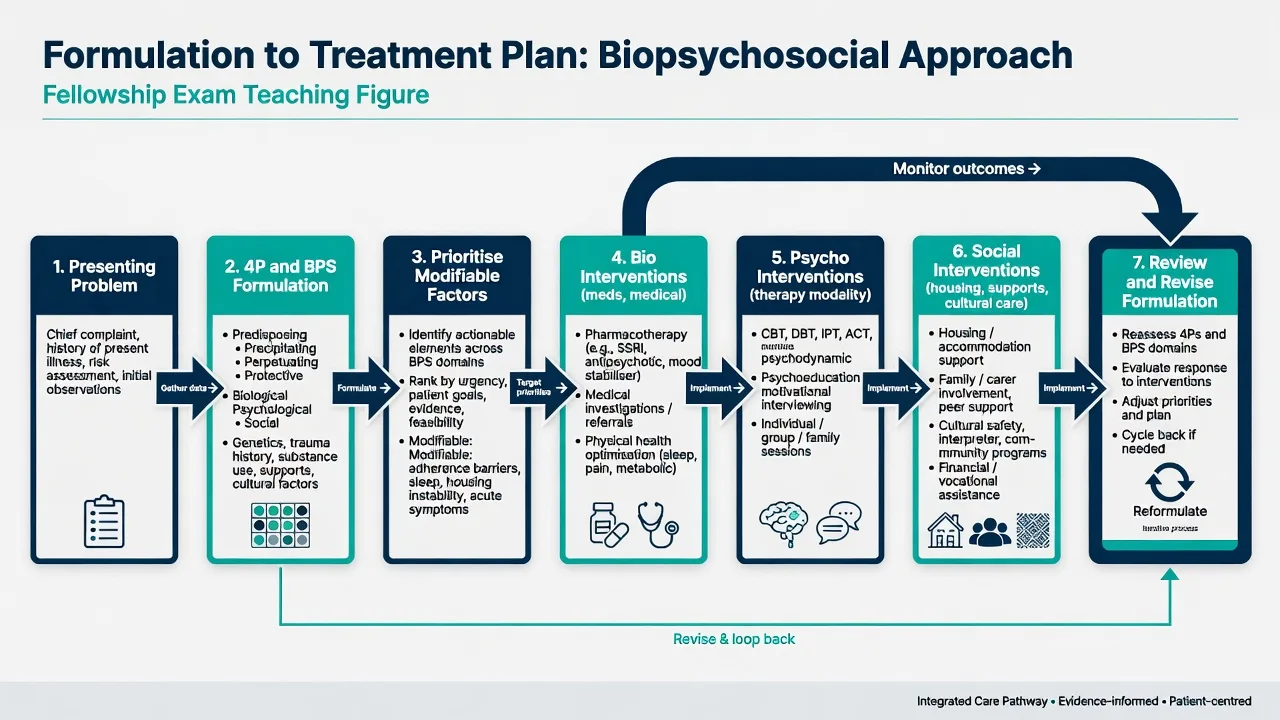 Flowchart from problem through formulation to biological psychological and social interventions