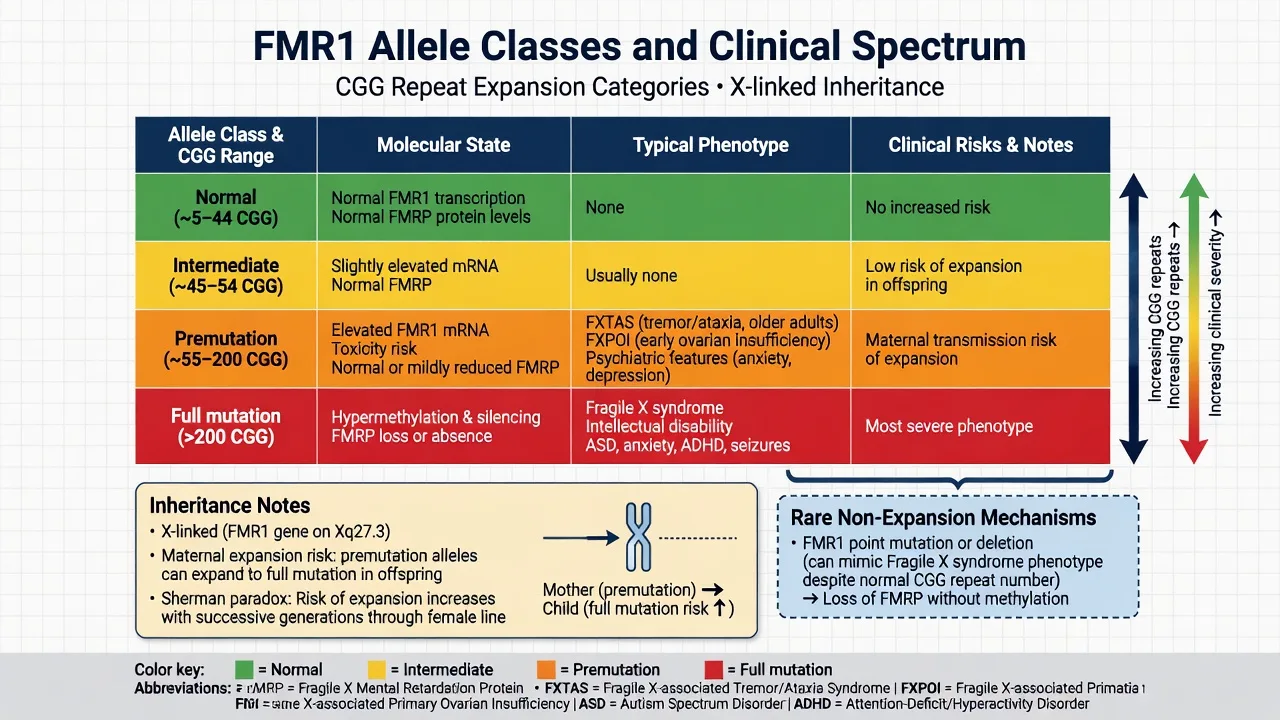 FMR1 allele class table comparing normal, intermediate, premutation and full mutation CGG ranges with molecular state and clinical risks