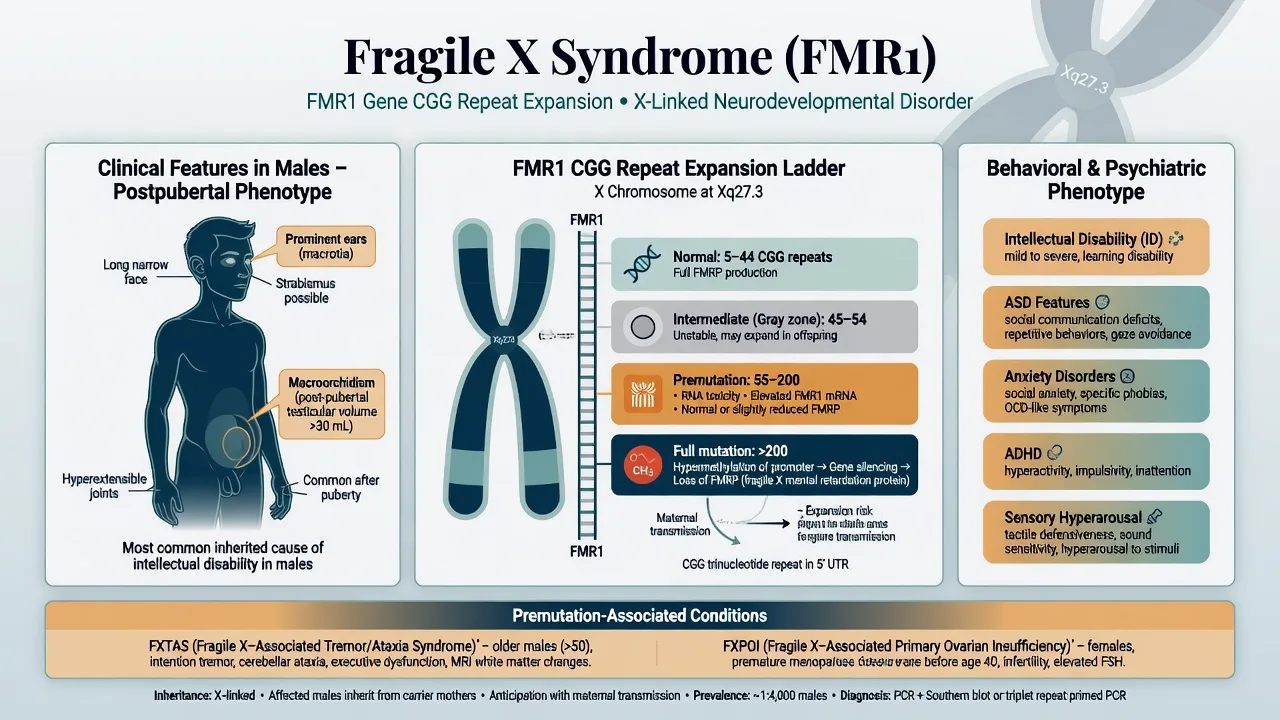 Fragile X overview showing male postpubertal clinical features, FMR1 CGG expansion ladder, and behavioural phenotype chips for ID ASD anxiety ADHD and sensory hyperarousal
