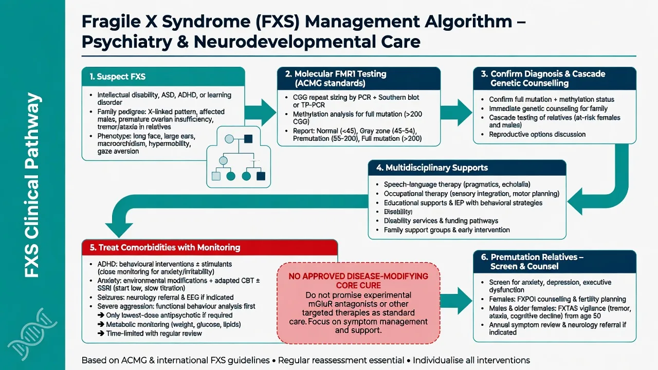 Management algorithm for fragile X from suspicion and molecular testing through multidisciplinary supports, comorbidity treatment and premutation relative counselling