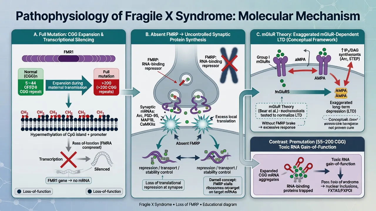 Three-panel pathophysiology of fragile X showing CGG expansion with methylation silencing, absent FMRP leading to excess synaptic protein synthesis, and mGluR theory framework