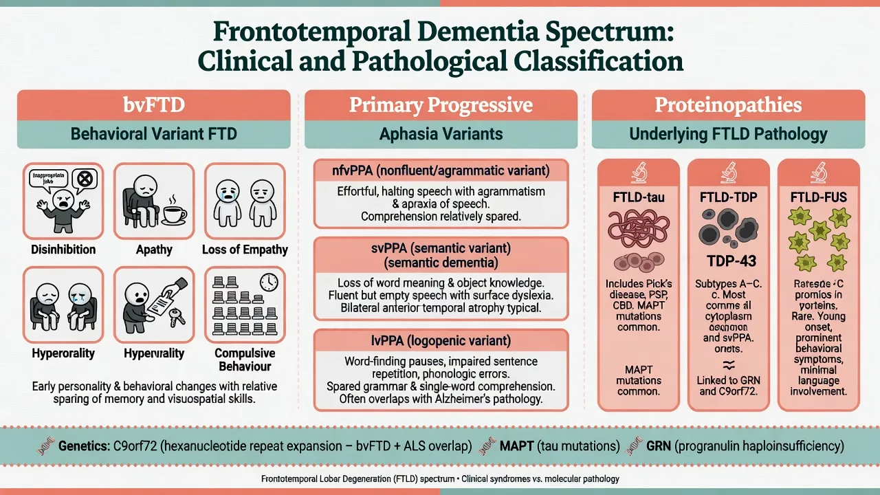 Classification of FTD spectrum into bvFTD, PPA variants, proteinopathies, and major genes