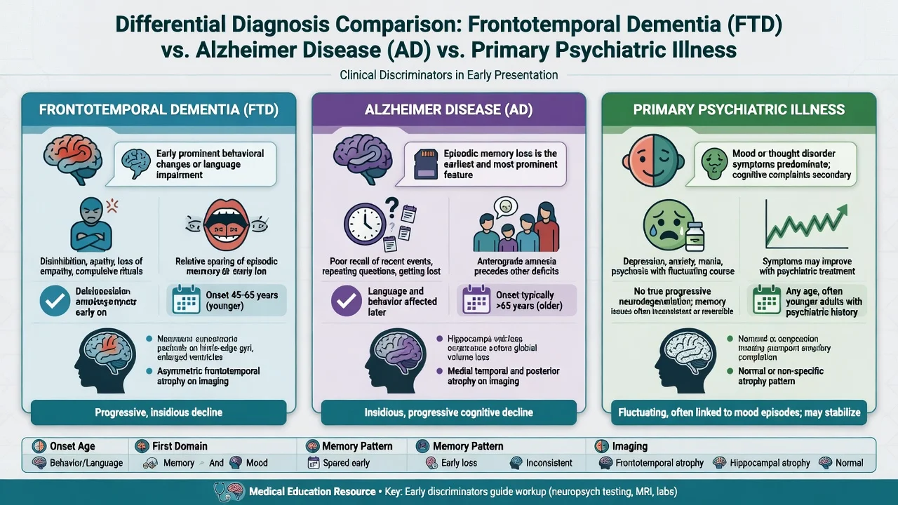 Differential comparison of FTD versus Alzheimer disease versus primary psychiatric illness