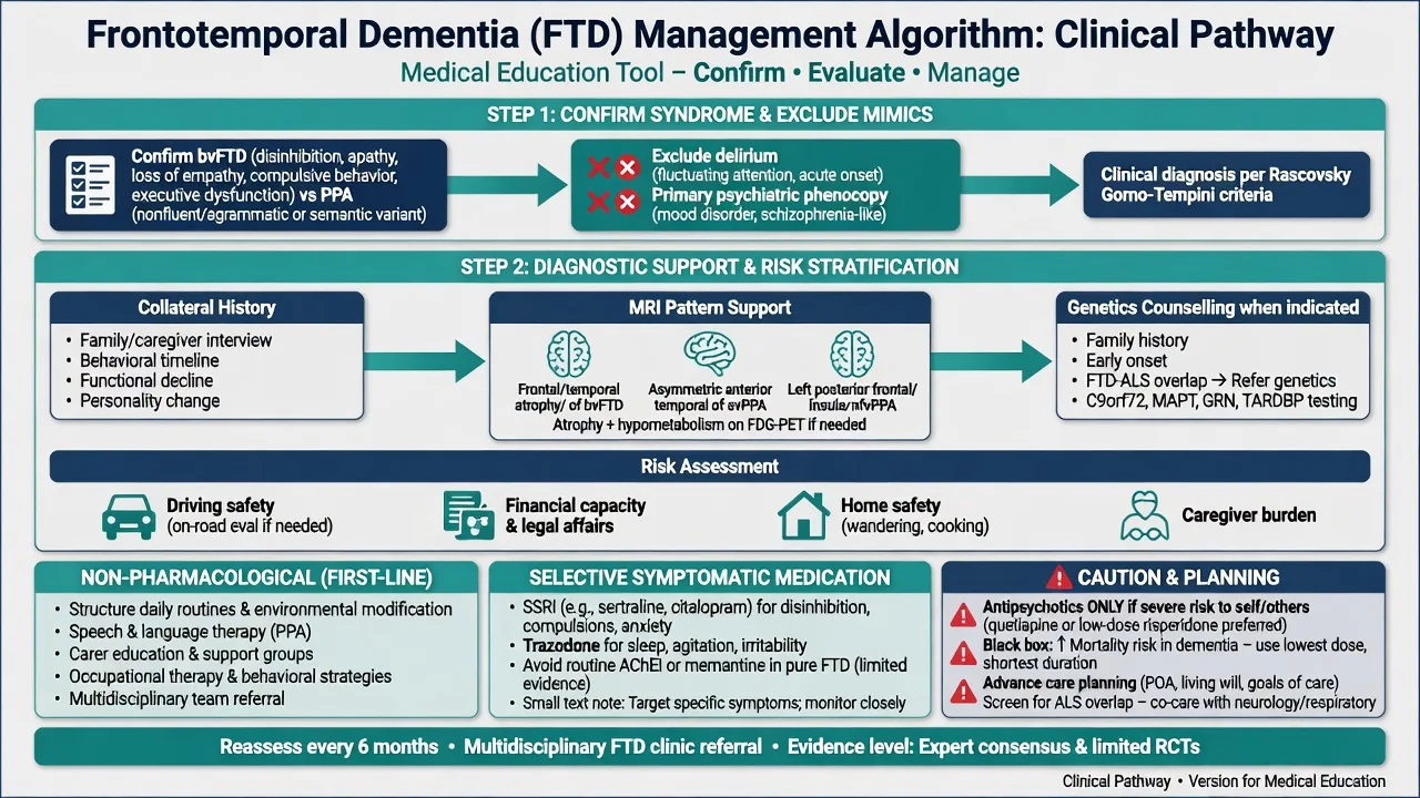 Management algorithm for frontotemporal dementia from diagnosis through non-drug care and symptomatic medications