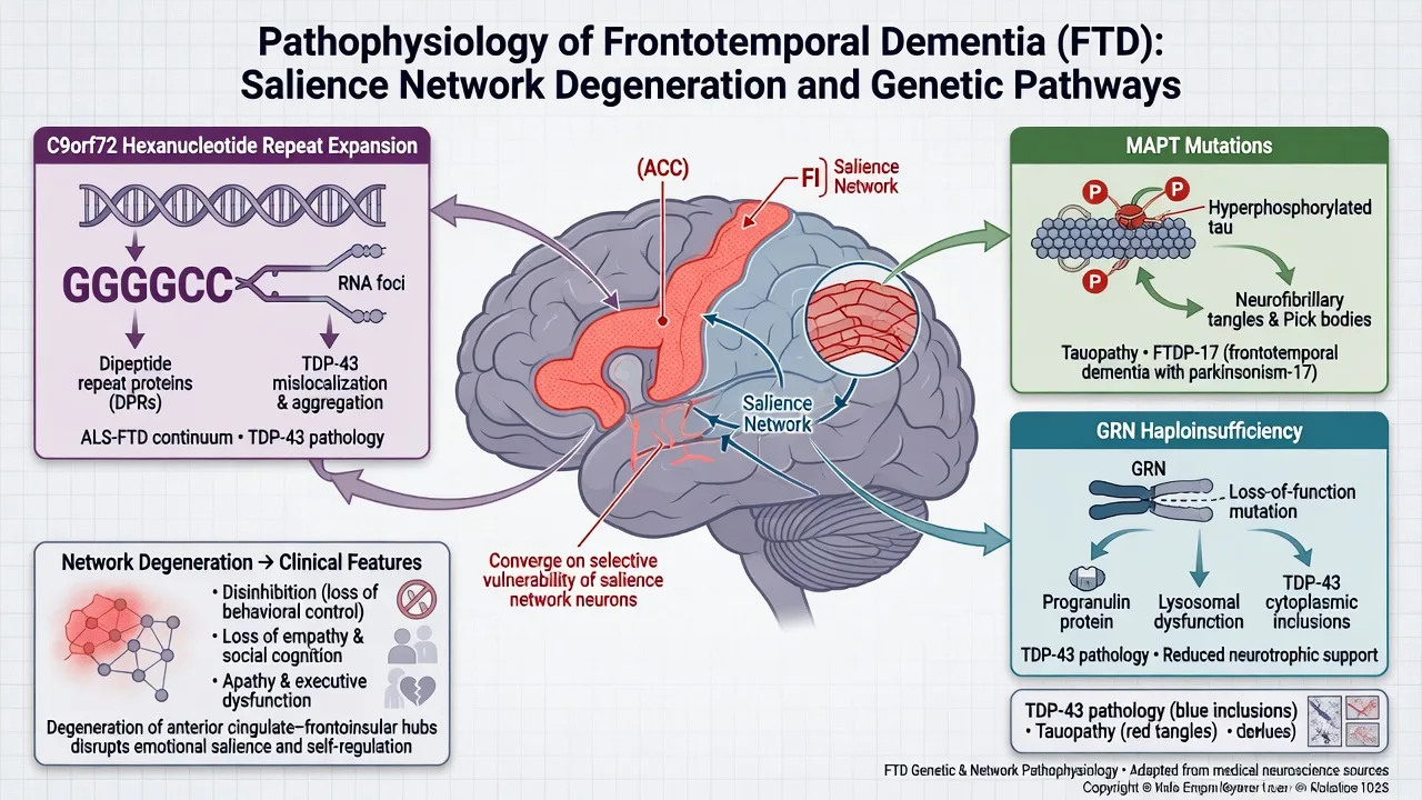 Pathophysiology of FTD with salience network vulnerability and C9orf72 MAPT GRN pathways