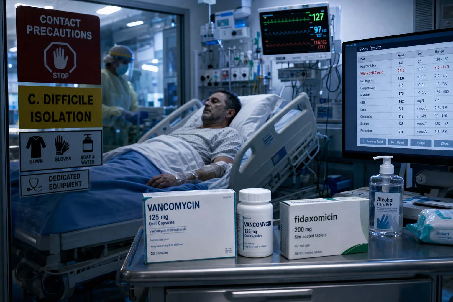 ICU scene showing an abdominal CT with a markedly thickened colon and megacolon, oral vancomycin and IV metronidazole running, a surgical consent form, and a whiteboard with Neal criteria (WBC and lactate), clinical-blue lighting