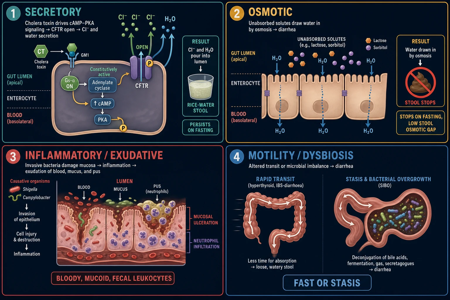 Pathophysiology of fulminant C. difficile colitis: toxins A and B, pseudomembranes, ileus paradox, toxic megacolon and perforation pathway, educational medical illustration
