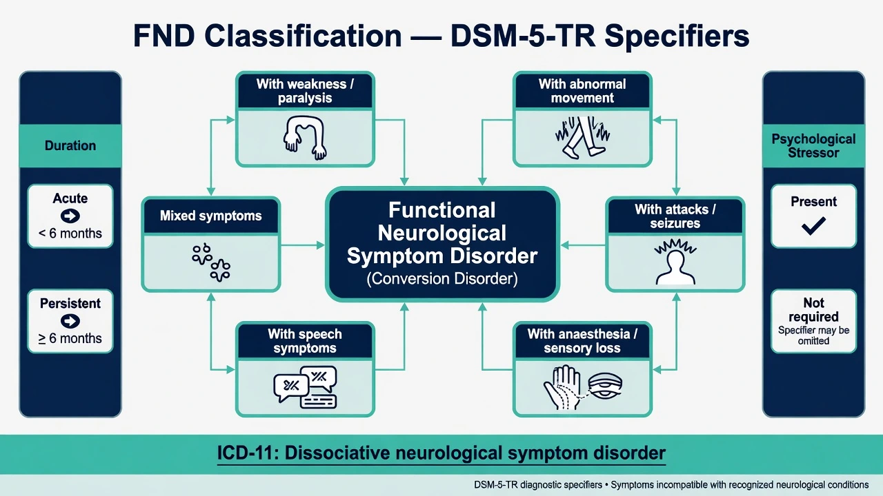 DSM-5-TR functional neurological symptom disorder classification with symptom-type and duration specifiers