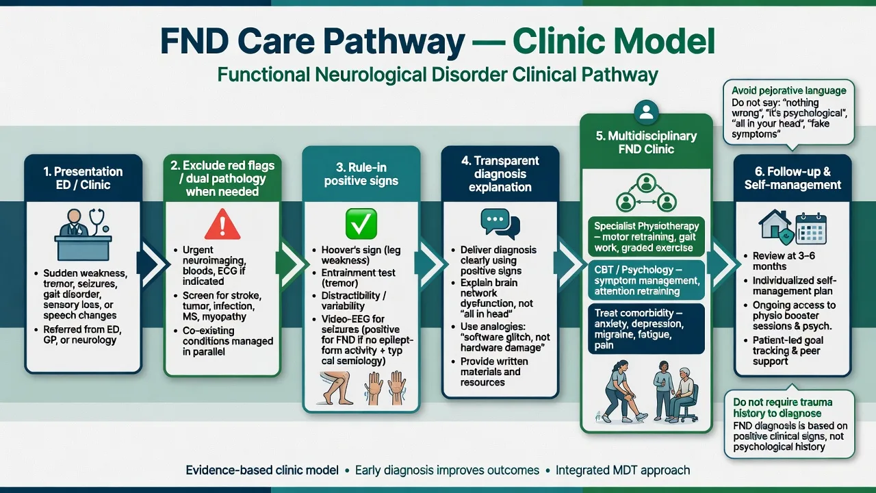 Multidisciplinary FND care pathway from presentation to specialist clinic and follow-up