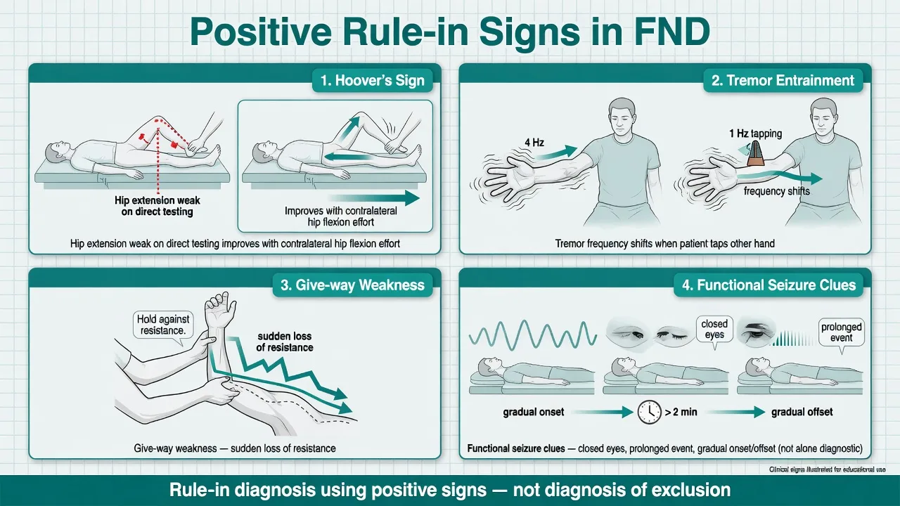 Positive rule-in clinical signs for functional weakness, tremor, and seizures
