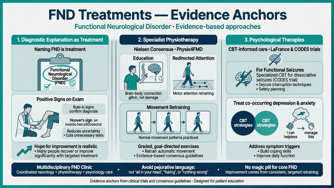 Evidence anchors for FND treatment including explanation, physiotherapy, and CBT