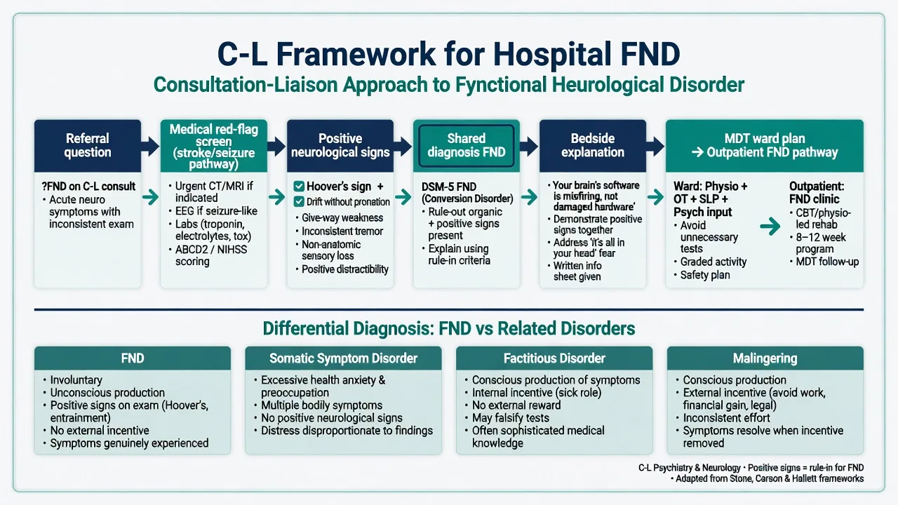 C-L hospital framework for FND from referral through shared diagnosis to discharge pathway