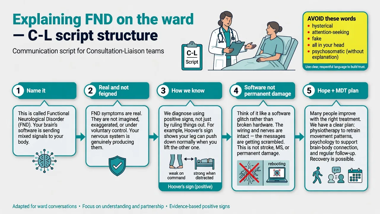 Structured bedside explanation script for functional neurological disorder on the ward