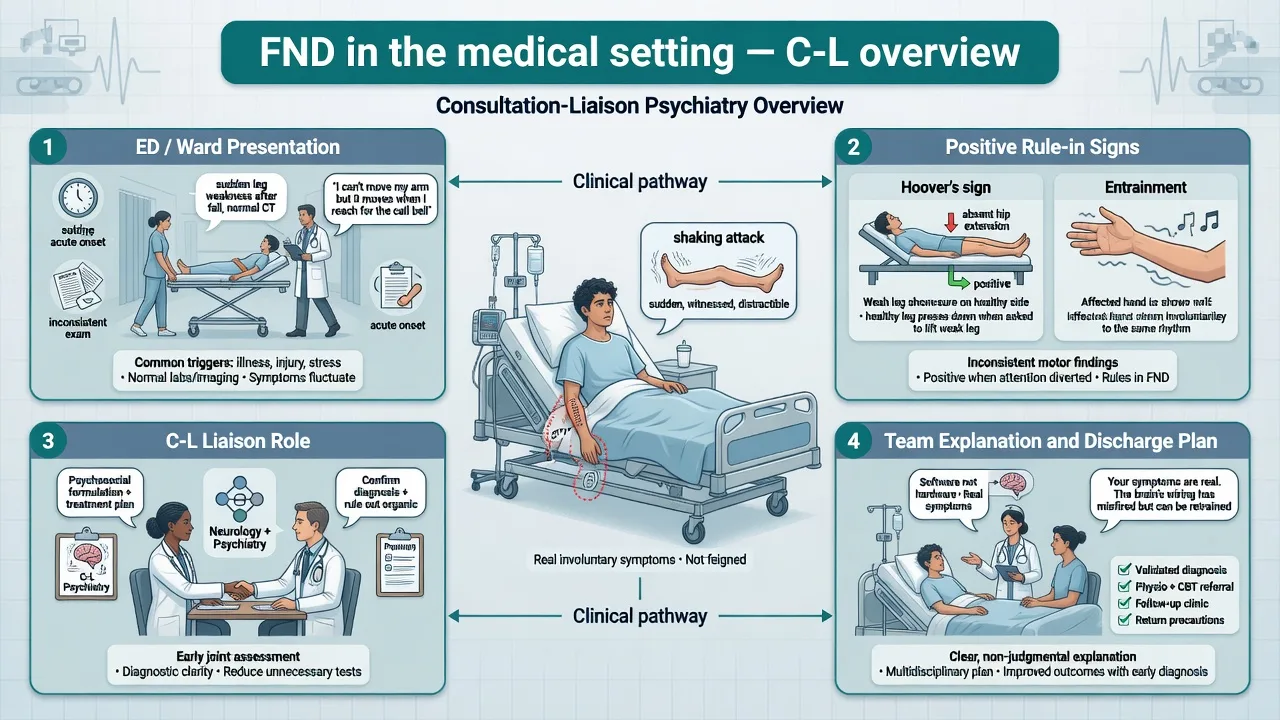 Educational overview of functional neurological disorder presenting on the medical ward with C-L team role