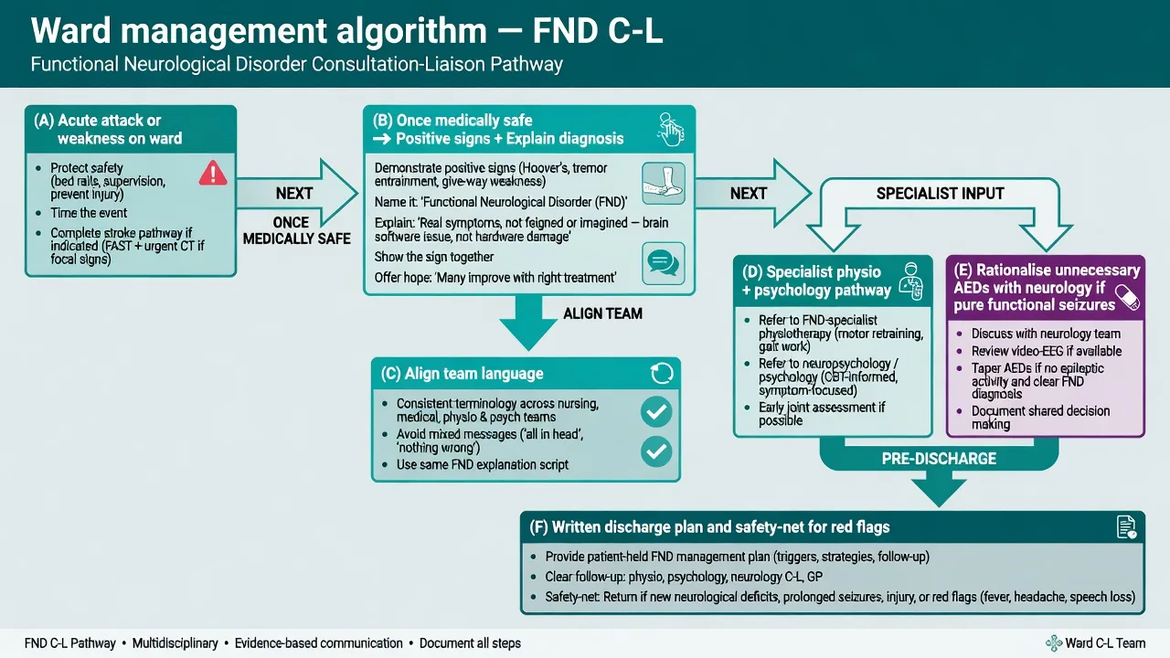 Ward management algorithm for FND from acute safety through explanation MDT and discharge