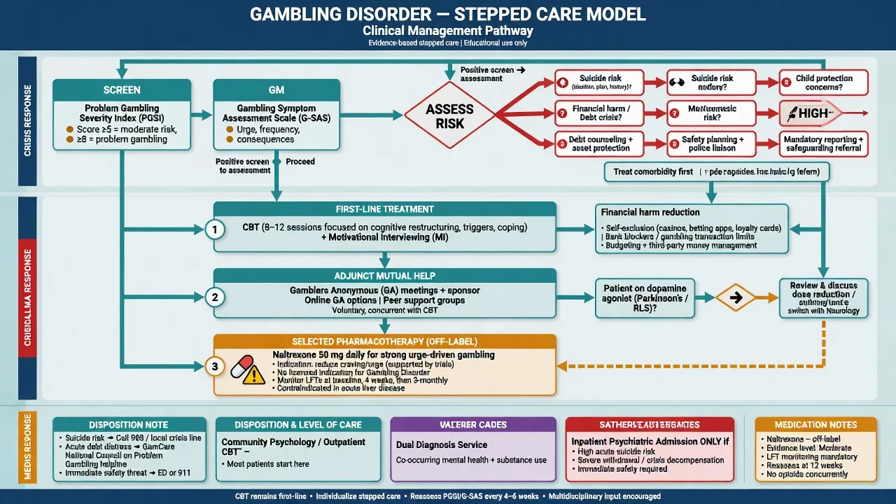 Stepped care algorithm for gambling disorder from screening and risk assessment through CBT financial harm reduction and selected naltrexone