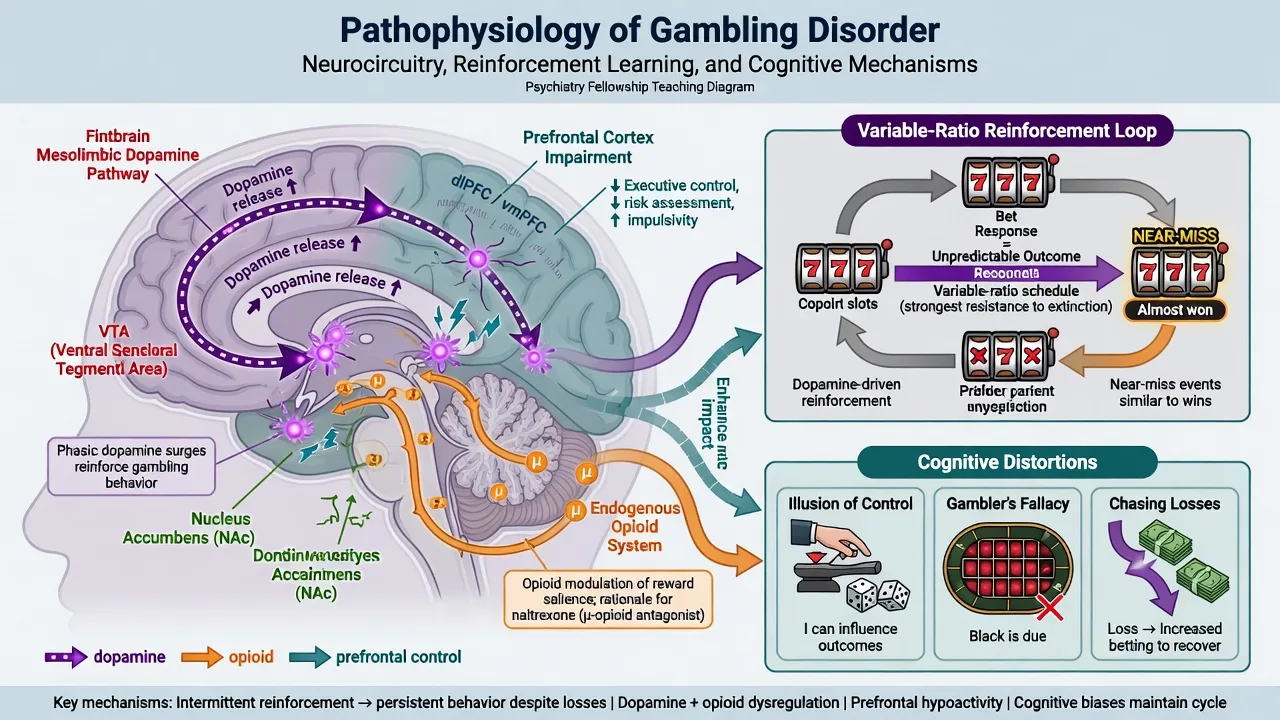 Cortico-striatal reward circuits, variable-ratio reinforcement, cognitive distortions, and opioid modulation relevant to naltrexone in gambling disorder