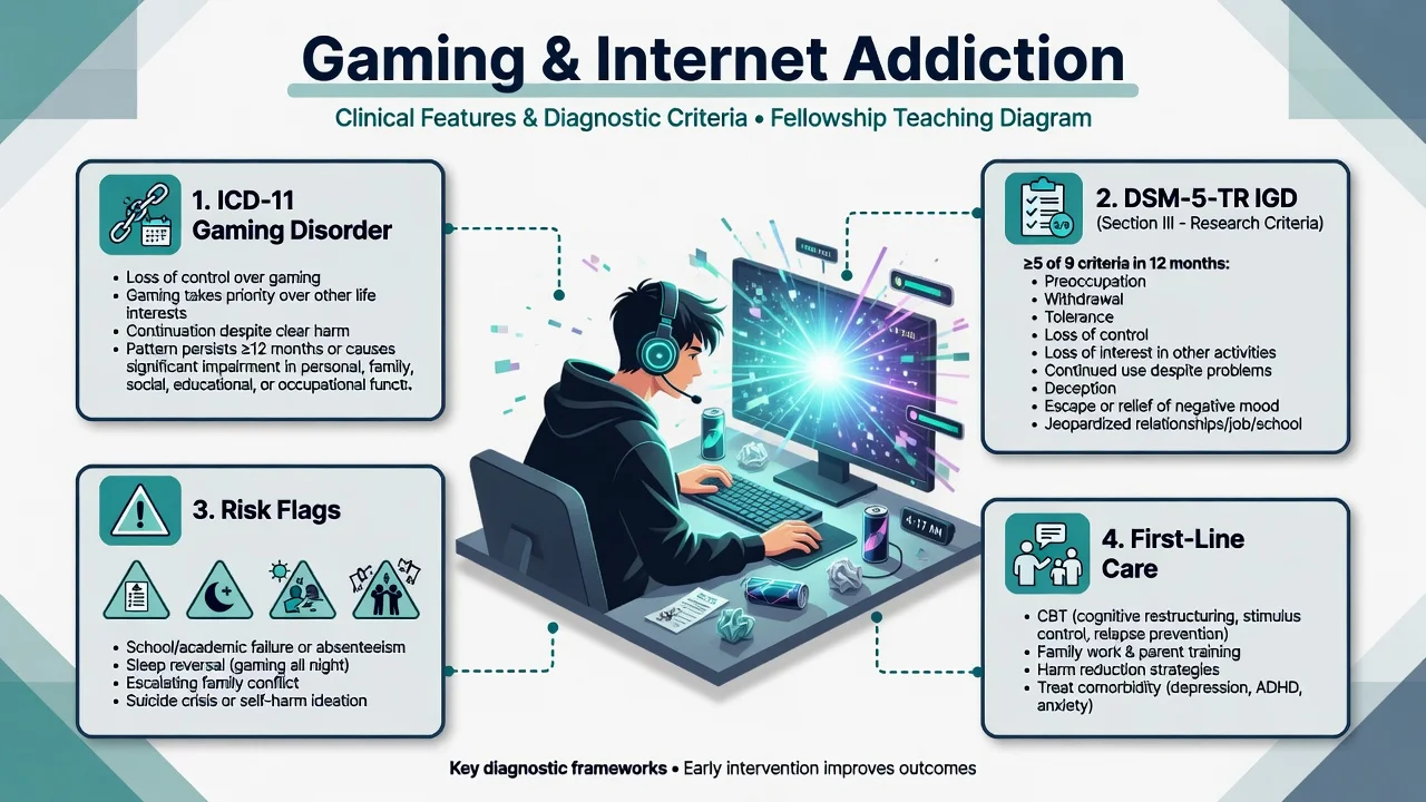 Educational overview of gaming and internet addiction with ICD-11 and DSM-5-TR criteria panels and first-line care themes