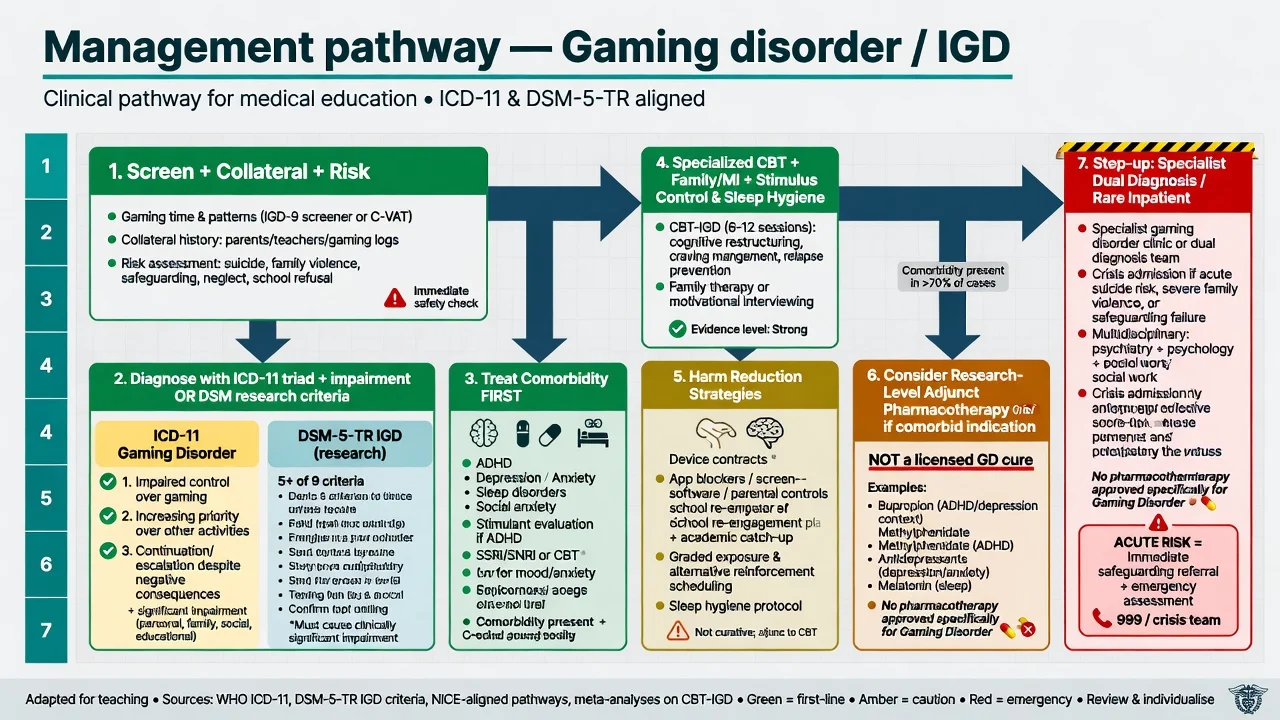 Stepped care algorithm for gaming disorder from screening and diagnosis through CBT family work harm reduction and rare step-up care
