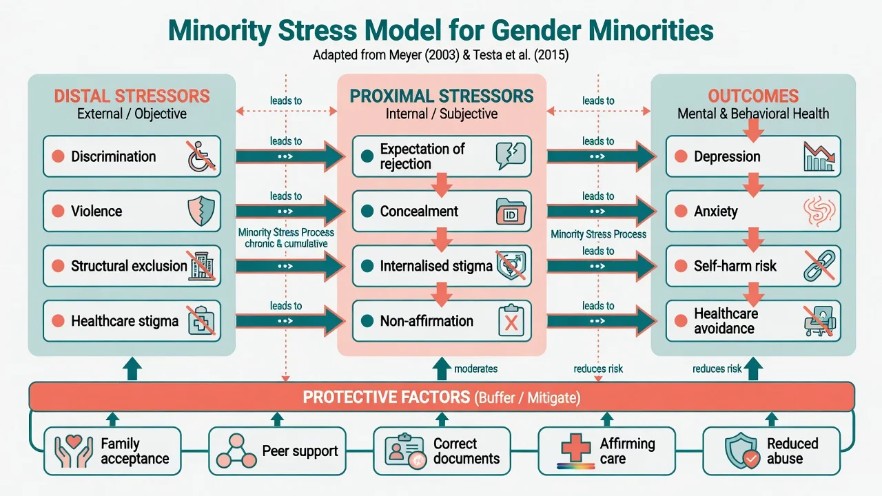 Minority stress model for gender minorities from distal stressors through proximal stressors to mental health outcomes with protective factors