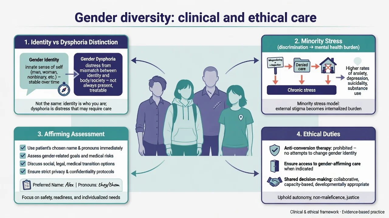 Clinical overview of gender diversity: identity versus dysphoria, minority stress, affirming assessment, and ethical duties