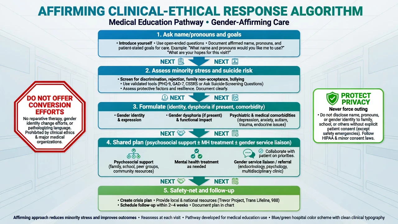 Affirming clinical-ethical response algorithm from name and goals through risk assessment formulation shared plan and safety-net with anti-conversion stop box
